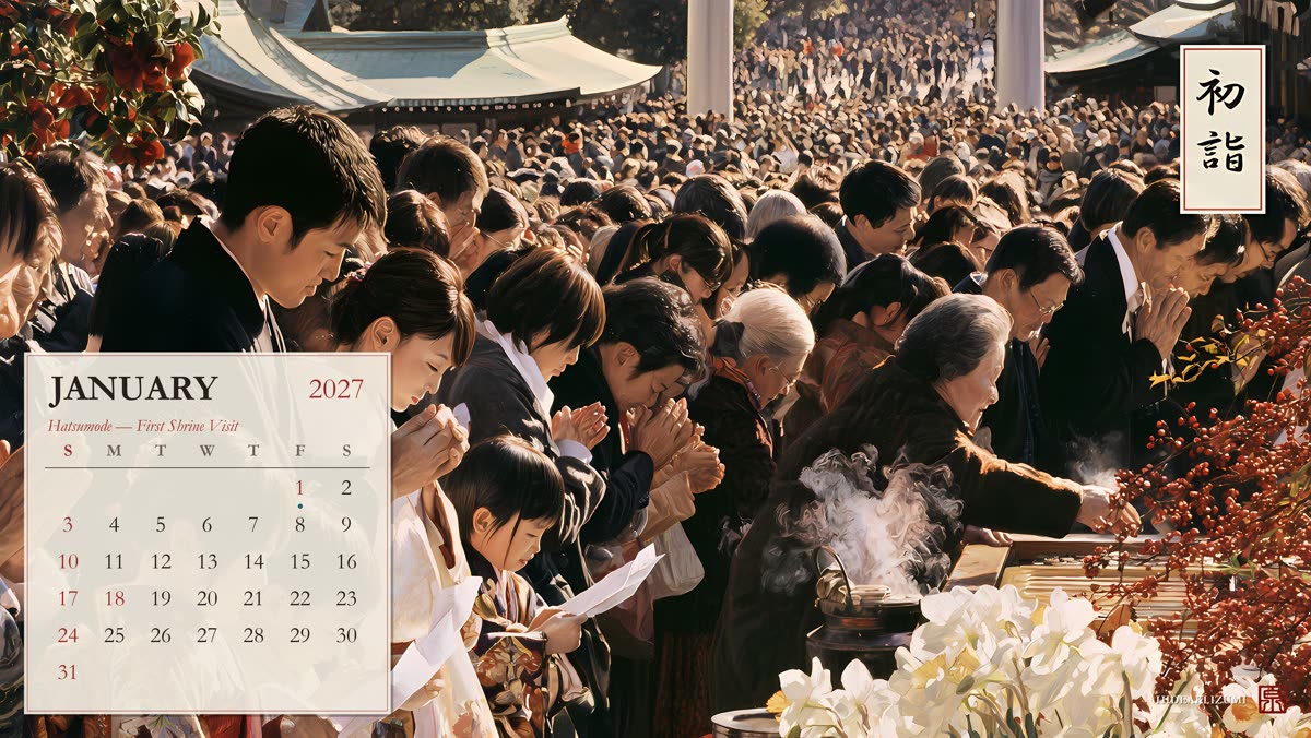 January calendar page: New Year shrine visit