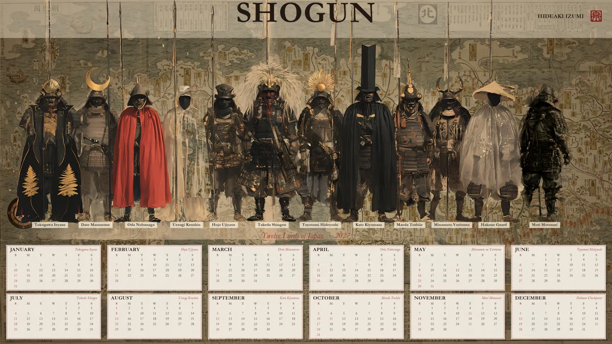Twelve samurai lords standing over an old map of Japan