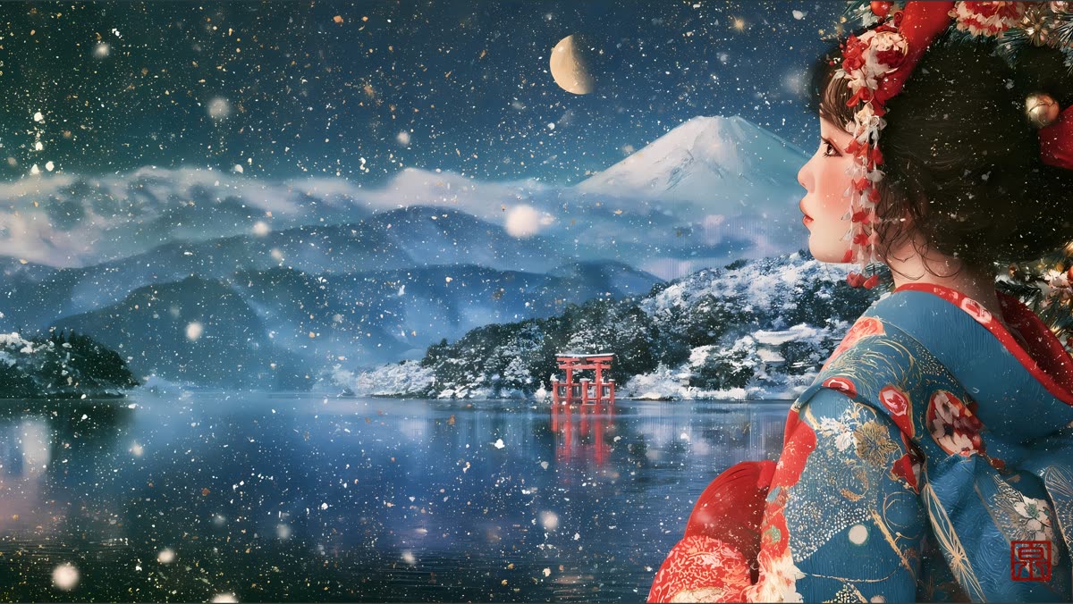 Geisha in winter kimono looking at snowy Lake Ashi and Mount Fuji