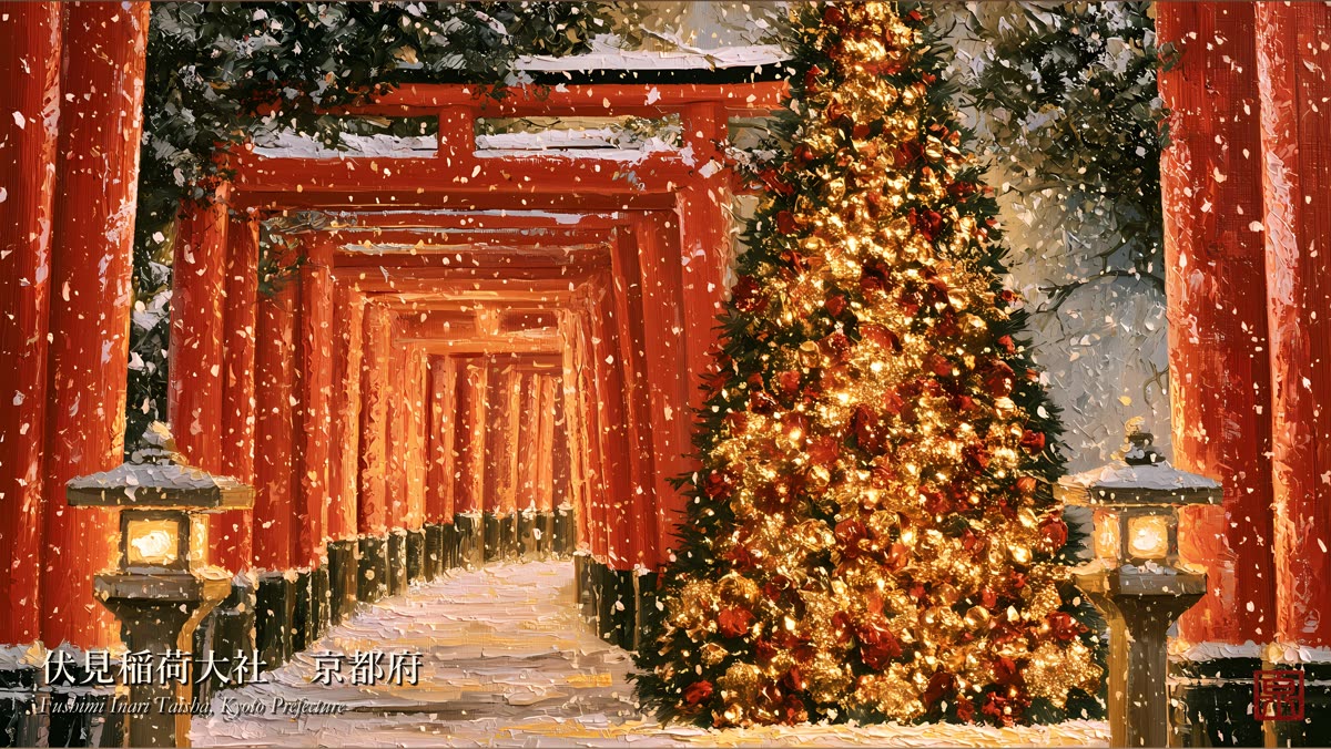 Imagined Christmas tree among the torii gates of Fushimi Inari, Kyoto